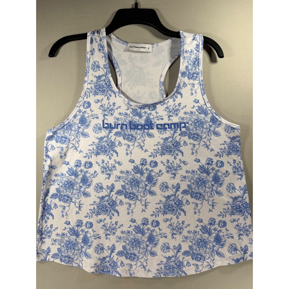 Burn Boot Camp Women Blue White Floral Racerback Workout Tank Top Size M